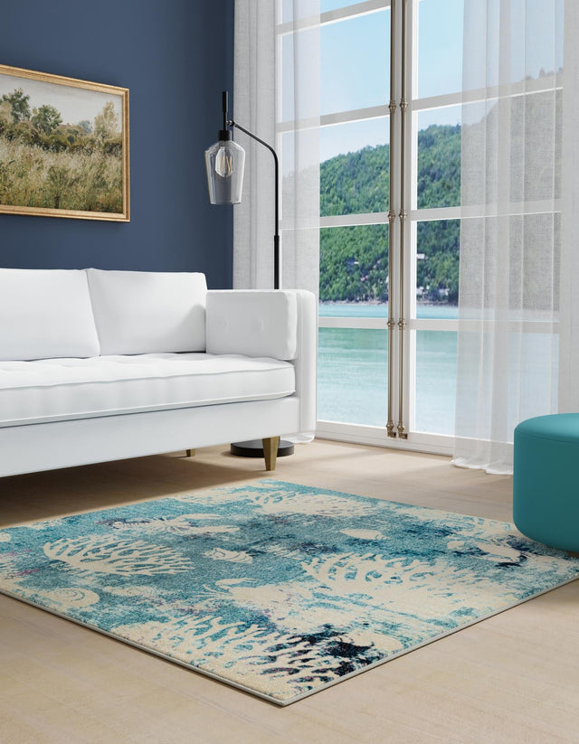 Light Blue 5' 3 x 5' 3 Positano Square Area Rug Coastal Marine Beach Design Carpet for Modern Living Rooms, Dining, Bedroom, Office for Sale at Rug Engine