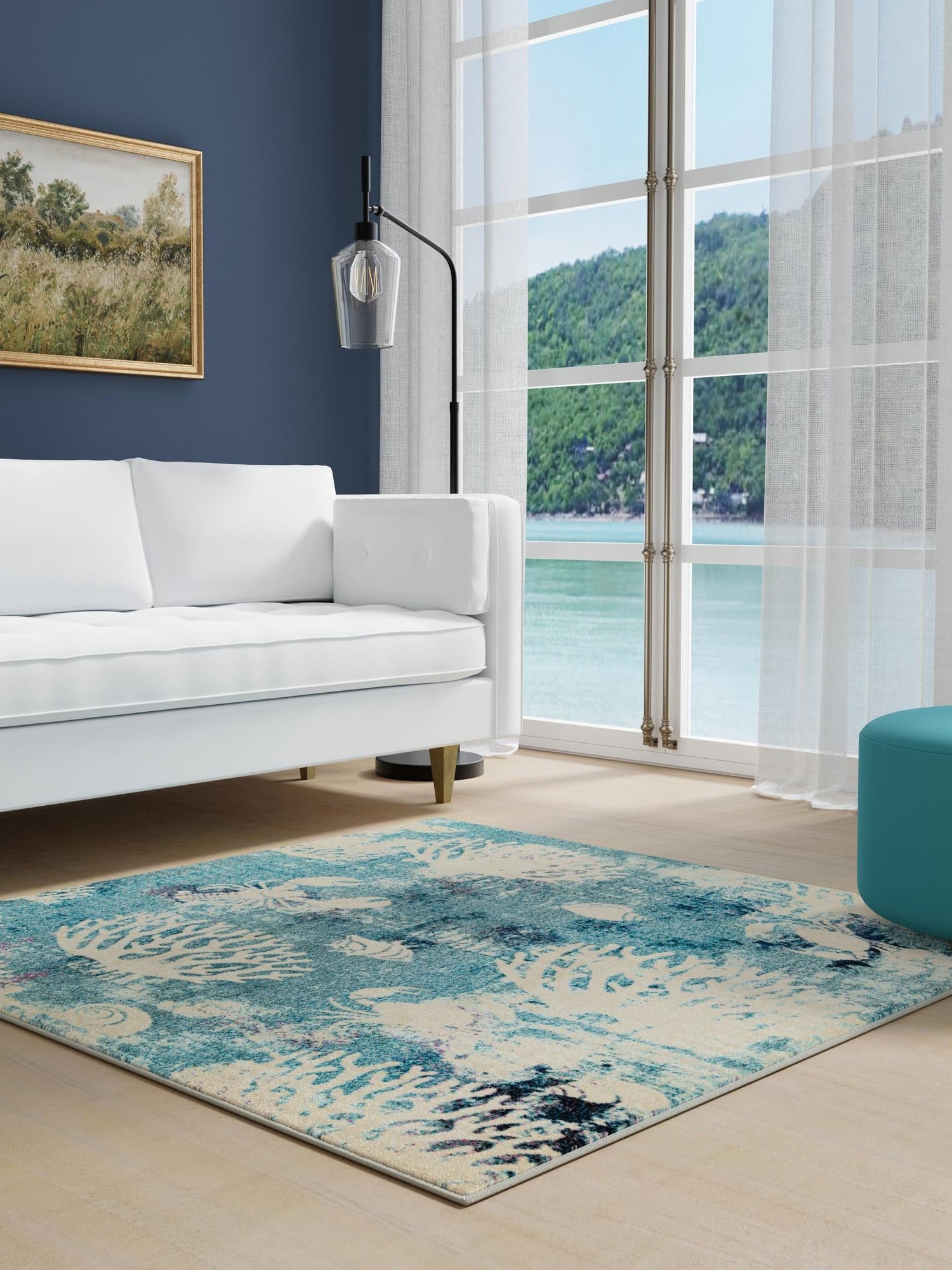 Light Blue 10' x 10' Positano Square Area Rug Coastal Marine Beach Design Carpet for Modern Living Rooms, Dining, Bedroom, Office for Sale at Rug Engine