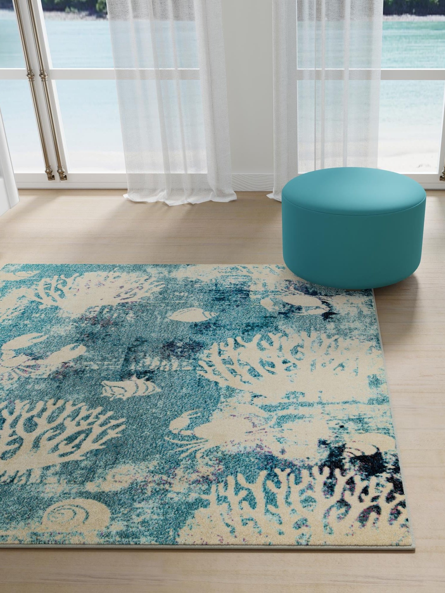 Light Blue 10' x 10' Positano Square Area Rug Coastal Marine Beach Design Carpet for Modern Living Rooms, Dining, Bedroom, Office for Sale at Rug Engine