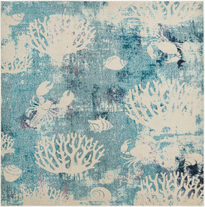 Light Blue 7' 10 x 7' 10 Positano Square Area Rug Coastal Marine Beach Design Carpet for Modern Living Rooms, Dining, Bedroom, Office for Sale at Rug Engine