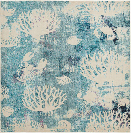 Light Blue 7' 10 x 7' 10 Positano Square Area Rug Coastal Marine Beach Design Carpet for Modern Living Rooms, Dining, Bedroom, Office for Sale at Rug Engine