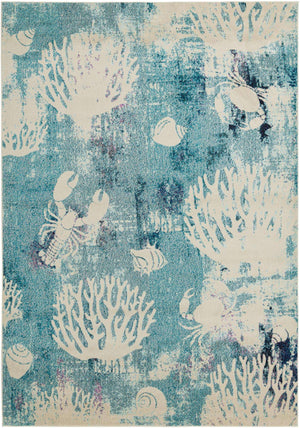 Light Blue 7' 10 x 11' Positano Rectangle Area Rug Coastal Marine Beach Design Carpet for Modern Living Rooms, Dining, Bedroom, Office for Sale at Rug Engine