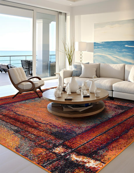 Orange 7' 10 x 7' 10 Estrella Square Area Rug 100% Polypropylene Non-Shedding Stain Resistant Carpet Colorful Modern Abstract Design Easy Clean for Home Decor for Sale at Rug Engine