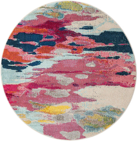 Pink 5' 3 x 5' 3 Estrella Round Area Rug 100% Polypropylene Non-Shedding Stain Resistant Carpet Colorful Modern Abstract Design Easy Clean for Home Decor for Sale at Rug Engine