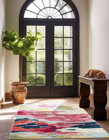 Pink 7' 10 x 7' 10 Estrella Square Area Rug 100% Polypropylene Non-Shedding Stain Resistant Carpet Colorful Modern Abstract Design Easy Clean for Home Decor for Sale at Rug Engine