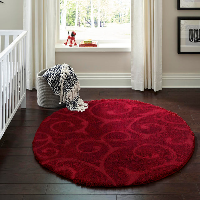 Red 5' 3 x 5' 3 Floral Shag Round Area Rug Thick Soft Touch Fluffy & Plush Shaggy Pile 100% Polyester With Cotton Backing Carpet for Interior Design for Sale at Rug Engine