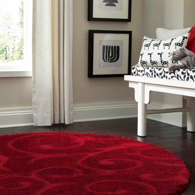 Red 5' 3 x 5' 3 Floral Shag Round Area Rug Thick Soft Touch Fluffy & Plush Shaggy Pile 100% Polyester With Cotton Backing Carpet for Interior Design for Sale at Rug Engine