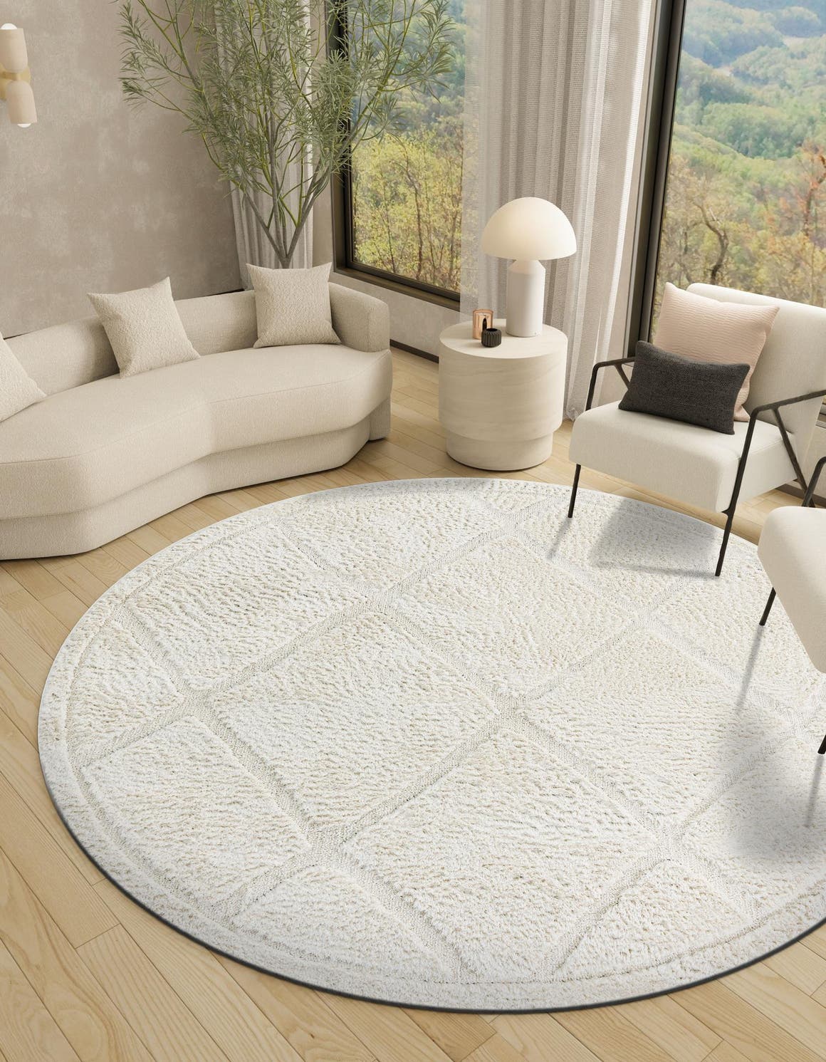 Ivory 3' 3 x 3' 3 Trellis Shag Round Area Rug Thick Soft Touch Fluffy & Plush Shaggy Pile Geometric Modern Unique Carpet for Home Interior Design for Sale at Rug Engine