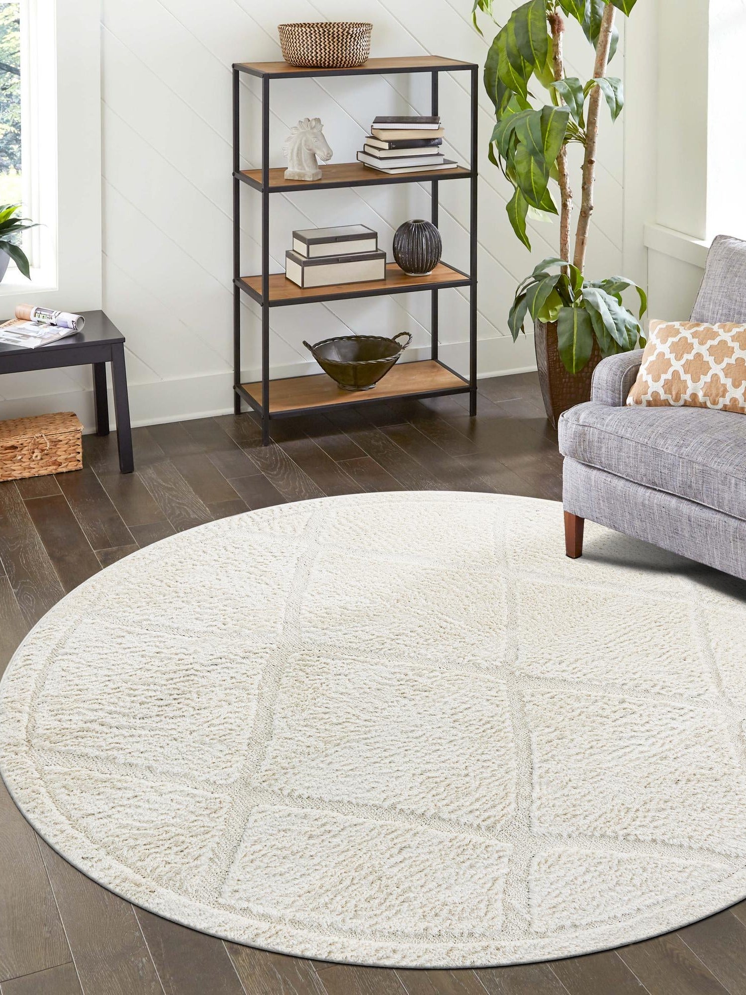 Ivory 7' 10 x 7' 10 Trellis Shag Round Area Rug Thick Soft Touch Fluffy & Plush Shaggy Pile Geometric Modern Unique Carpet for Home Interior Design for Sale at Rug Engine