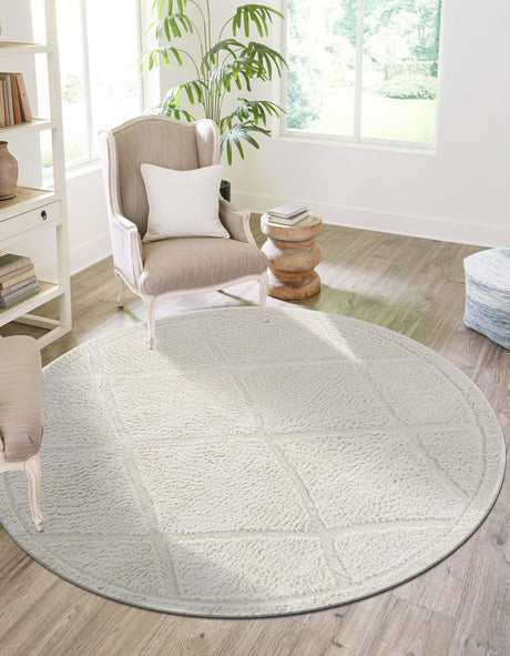 Ivory 5' 3 x 5' 3 Trellis Shag Round Area Rug Thick Soft Touch Fluffy & Plush Shaggy Pile Geometric Modern Unique Carpet for Home Interior Design for Sale at Rug Engine