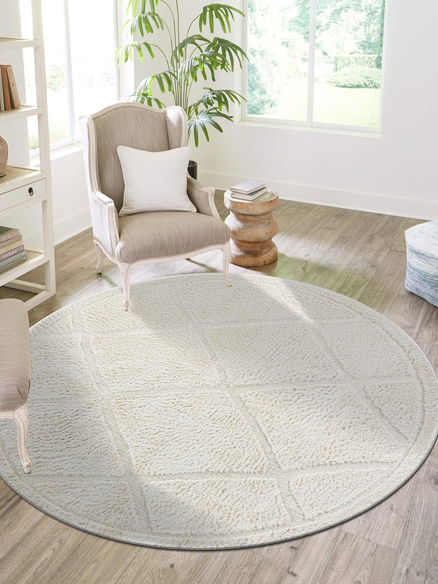 Ivory 3' 3 x 3' 3 Trellis Shag Round Area Rug Thick Soft Touch Fluffy & Plush Shaggy Pile Geometric Modern Unique Carpet for Home Interior Design for Sale at Rug Engine