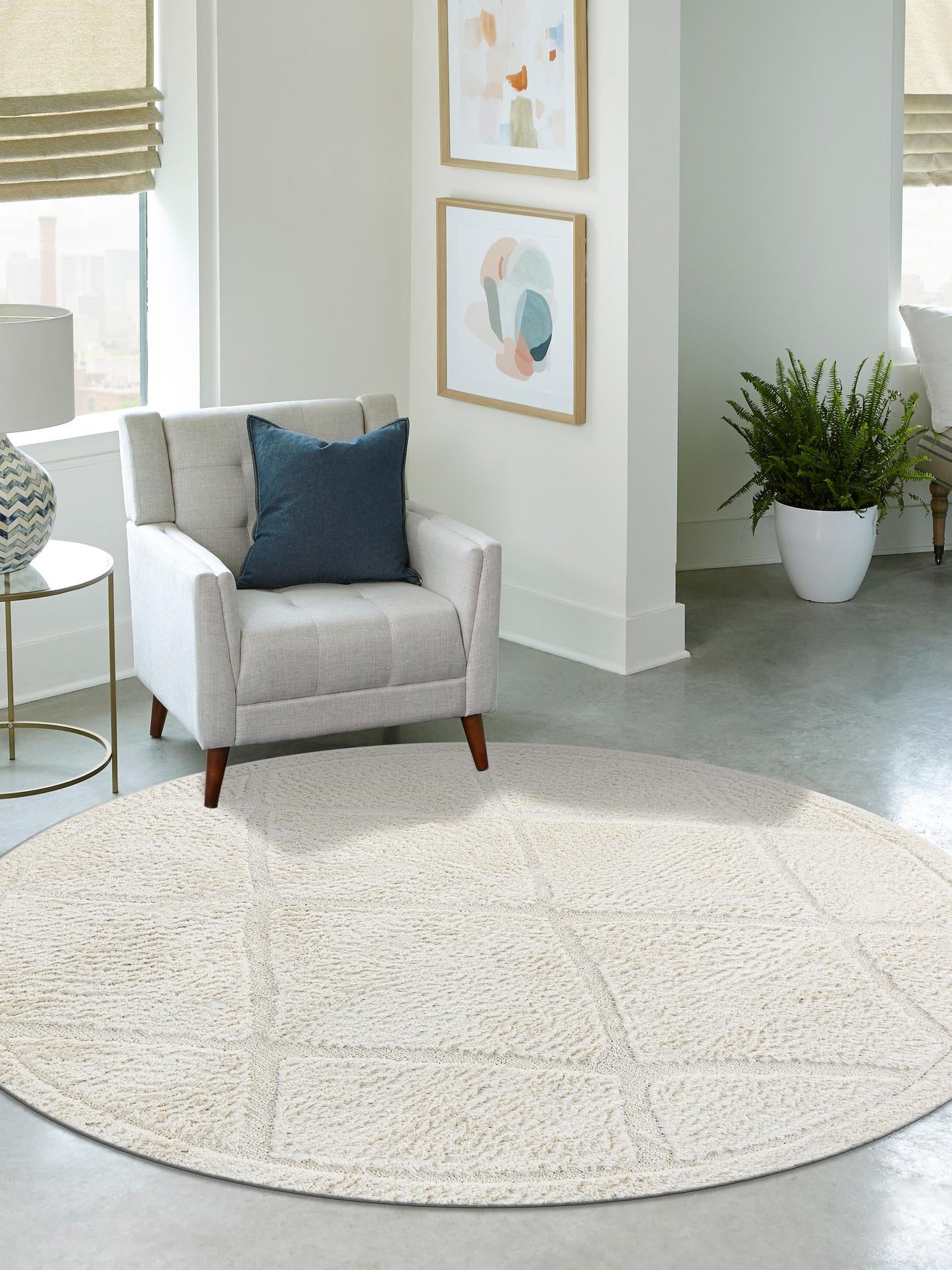 Ivory 3' 3 x 3' 3 Trellis Shag Round Area Rug Thick Soft Touch Fluffy & Plush Shaggy Pile Geometric Modern Unique Carpet for Home Interior Design for Sale at Rug Engine