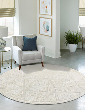Ivory 3' 3 x 3' 3 Trellis Shag Round Area Rug Thick Soft Touch Fluffy & Plush Shaggy Pile