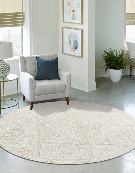 Ivory 7' 10 x 7' 10 Trellis Shag Round Area Rug Thick Soft Touch Fluffy & Plush Shaggy Pile Geometric Modern Unique Carpet for Home Interior Design for Sale at Rug Engine