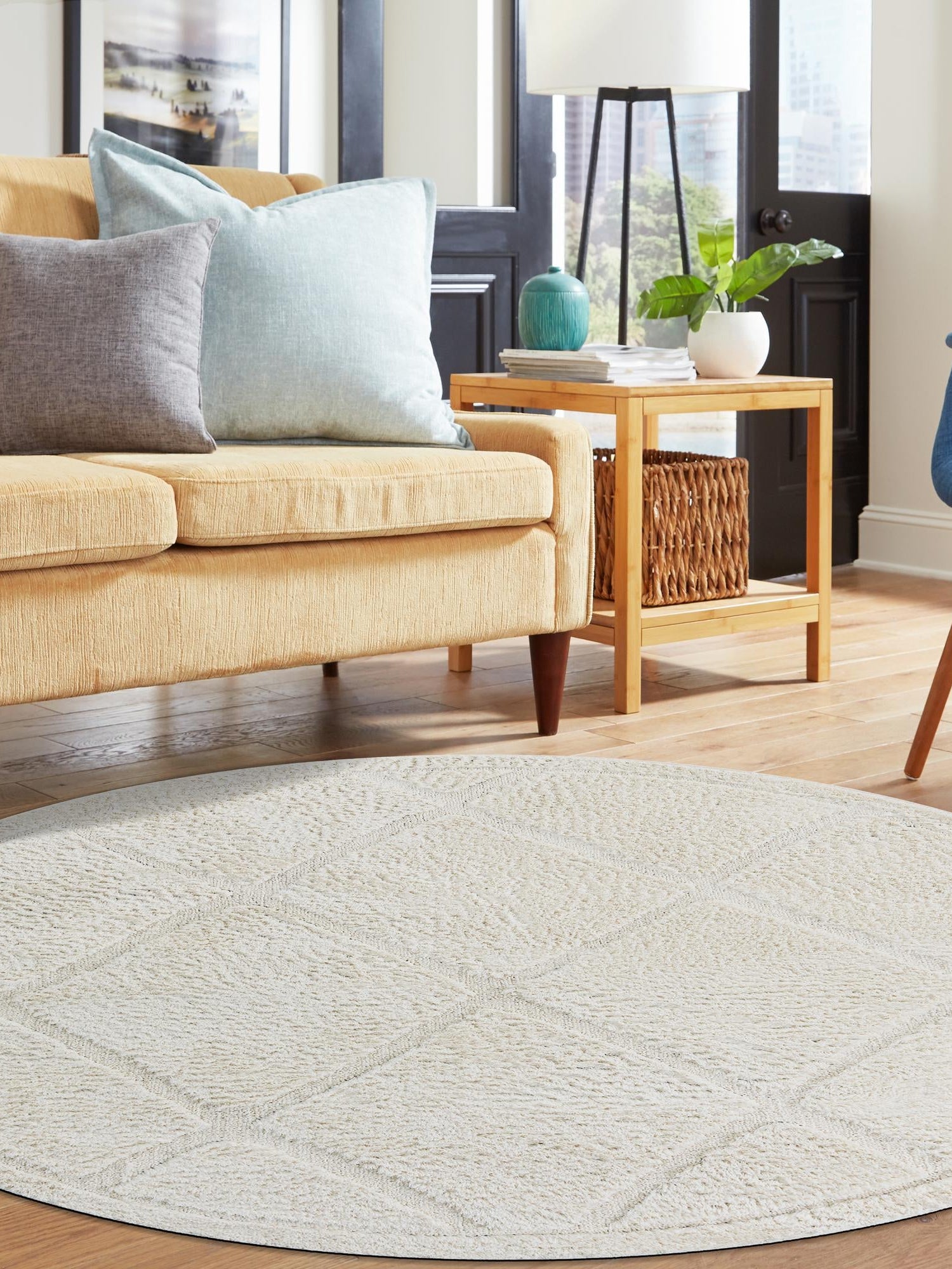 Ivory 7' 10 x 7' 10 Trellis Shag Round Area Rug Thick Soft Touch Fluffy & Plush Shaggy Pile Geometric Modern Unique Carpet for Home Interior Design for Sale at Rug Engine