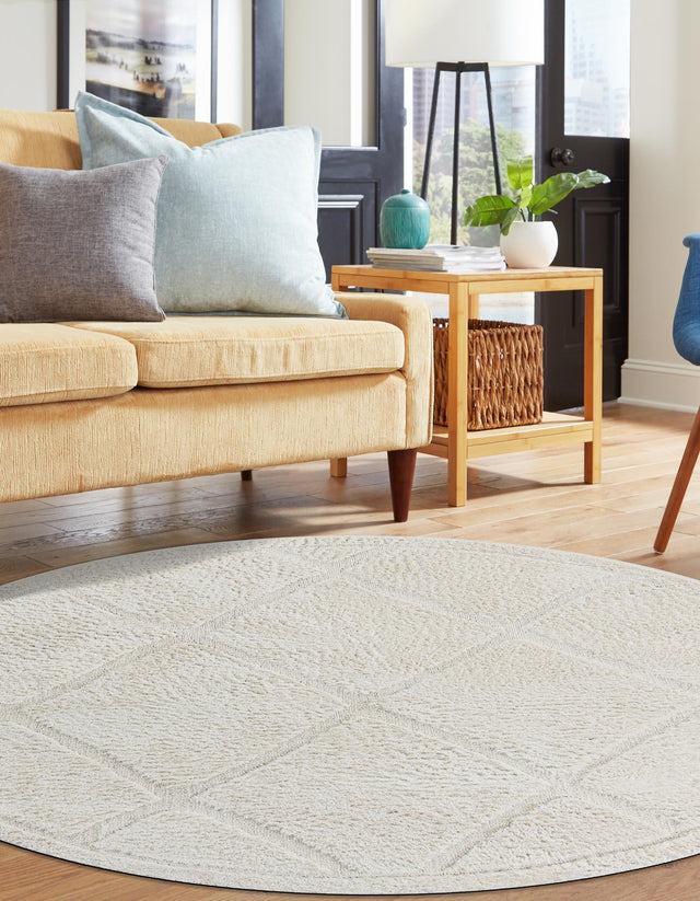 Ivory 3' 3 x 3' 3 Trellis Shag Round Area Rug Thick Soft Touch Fluffy & Plush Shaggy Pile