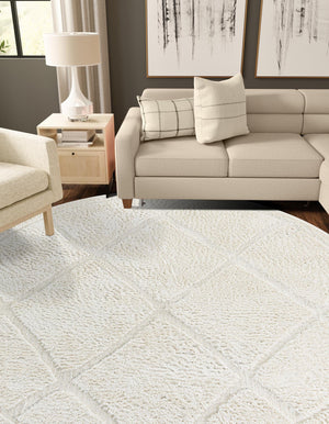 Ivory 3' 3 x 3' 3 Trellis Shag Round Area Rug Thick Soft Touch Fluffy & Plush Shaggy Pile
