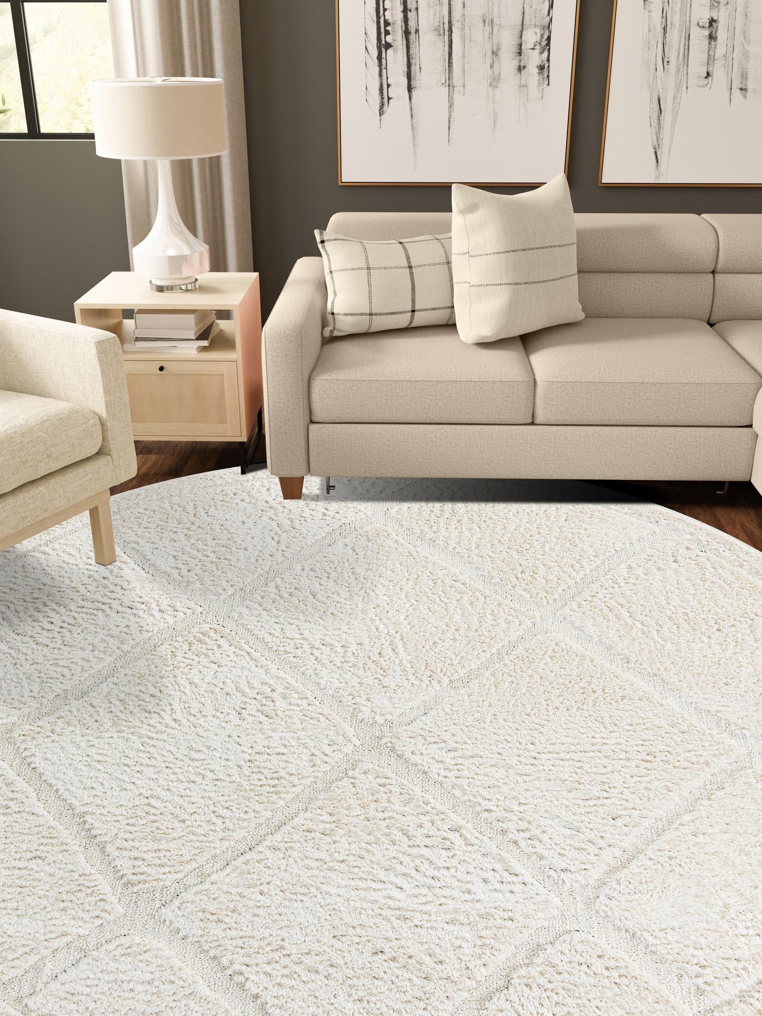 Ivory 7' 10 x 7' 10 Trellis Shag Round Area Rug Thick Soft Touch Fluffy & Plush Shaggy Pile Geometric Modern Unique Carpet for Home Interior Design for Sale at Rug Engine
