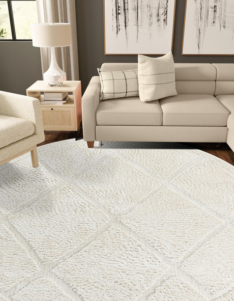 Ivory 7' 10 x 7' 10 Trellis Shag Round Area Rug Thick Soft Touch Fluffy & Plush Shaggy Pile Geometric Modern Unique Carpet for Home Interior Design for Sale at Rug Engine