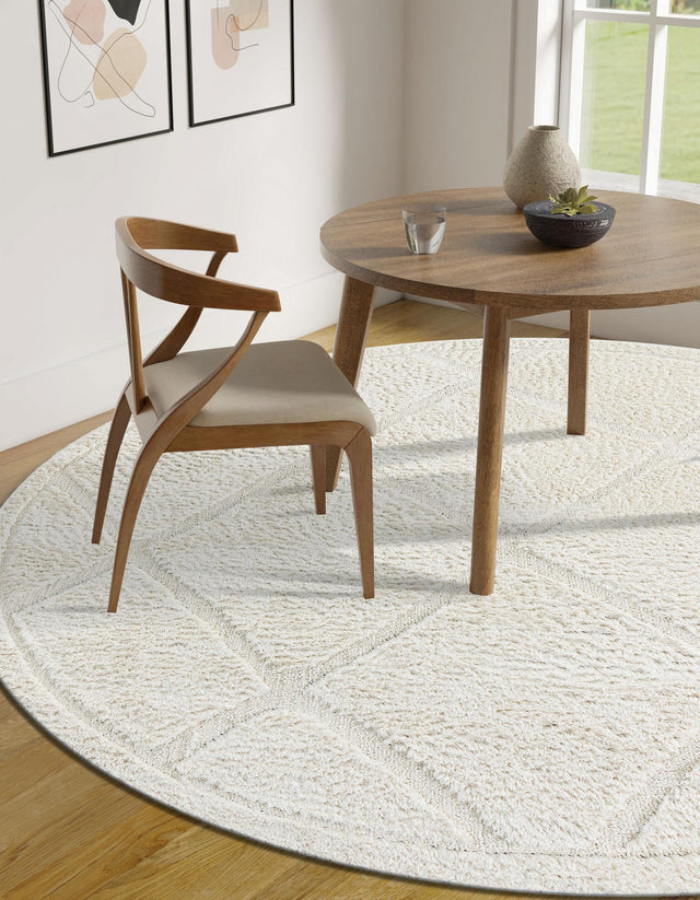 Ivory 3' 3 x 3' 3 Trellis Shag Round Area Rug Thick Soft Touch Fluffy & Plush Shaggy Pile