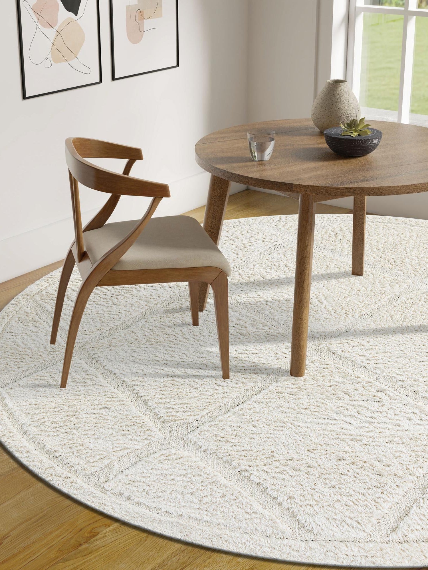 Ivory 7' 10 x 7' 10 Trellis Shag Round Area Rug Thick Soft Touch Fluffy & Plush Shaggy Pile Geometric Modern Unique Carpet for Home Interior Design for Sale at Rug Engine