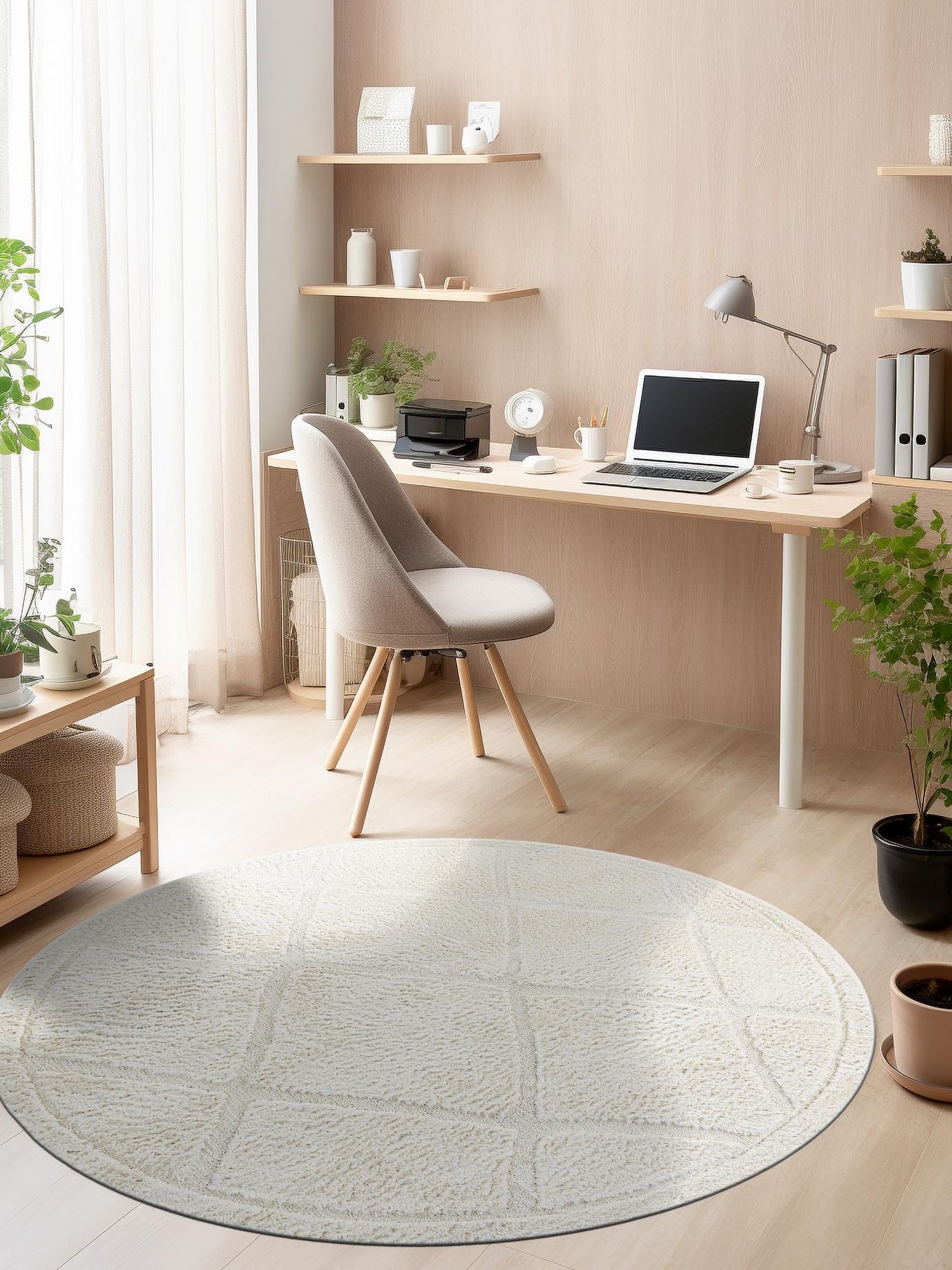 Ivory 5' 3 x 5' 3 Trellis Shag Round Area Rug Thick Soft Touch Fluffy & Plush Shaggy Pile Geometric Modern Unique Carpet for Home Interior Design for Sale at Rug Engine