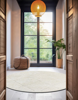 Ivory 5' 3 x 5' 3 Trellis Shag Round Area Rug Thick Soft Touch Fluffy & Plush Shaggy Pile