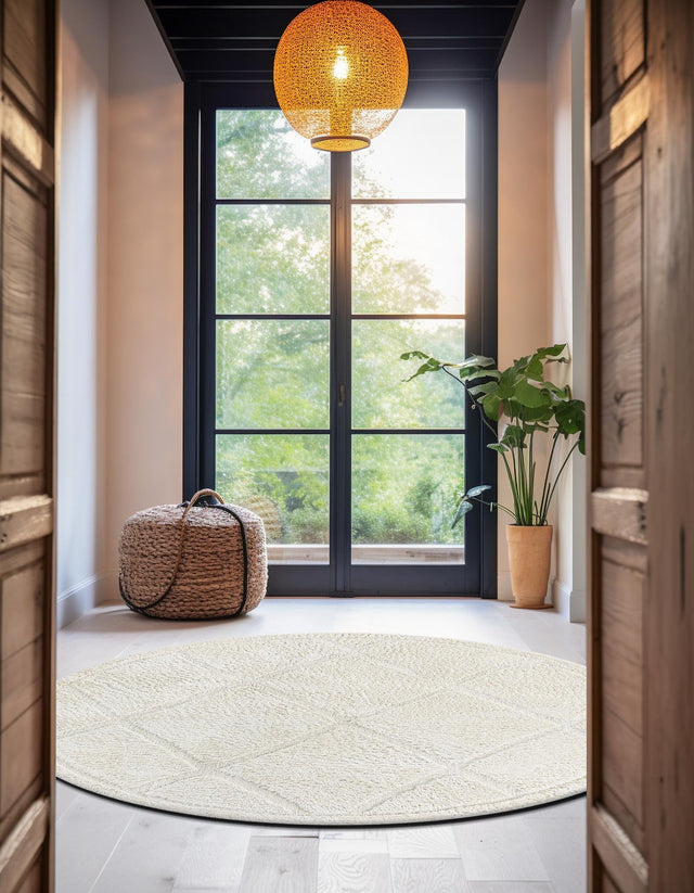 Ivory 5' 3 x 5' 3 Trellis Shag Round Area Rug Thick Soft Touch Fluffy & Plush Shaggy Pile