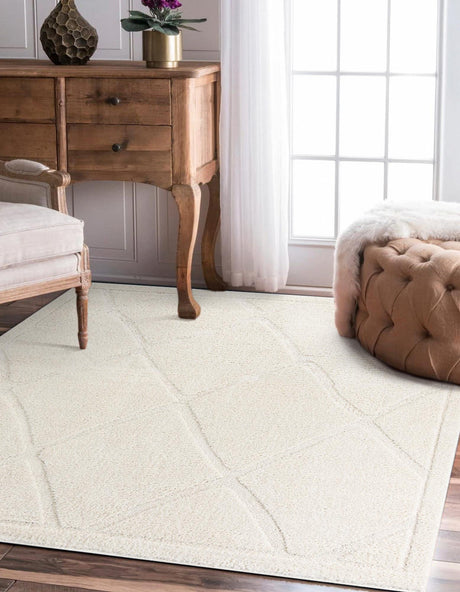 Ivory 7' 10 x 7' 10 Trellis Shag Square Area Rug Thick Soft Touch Fluffy & Plush Shaggy Pile Geometric Modern Unique Carpet for Home Interior Design for Sale at Rug Engine