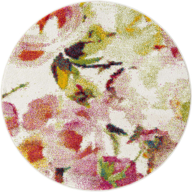 Ivory 4' 1 x 4' 1 Lyon Round Area Rug Vivid Colorful Abstract Modern 100% Polypropylene Carpet for Living Room, Dining, Office for Sale at Rug Engine