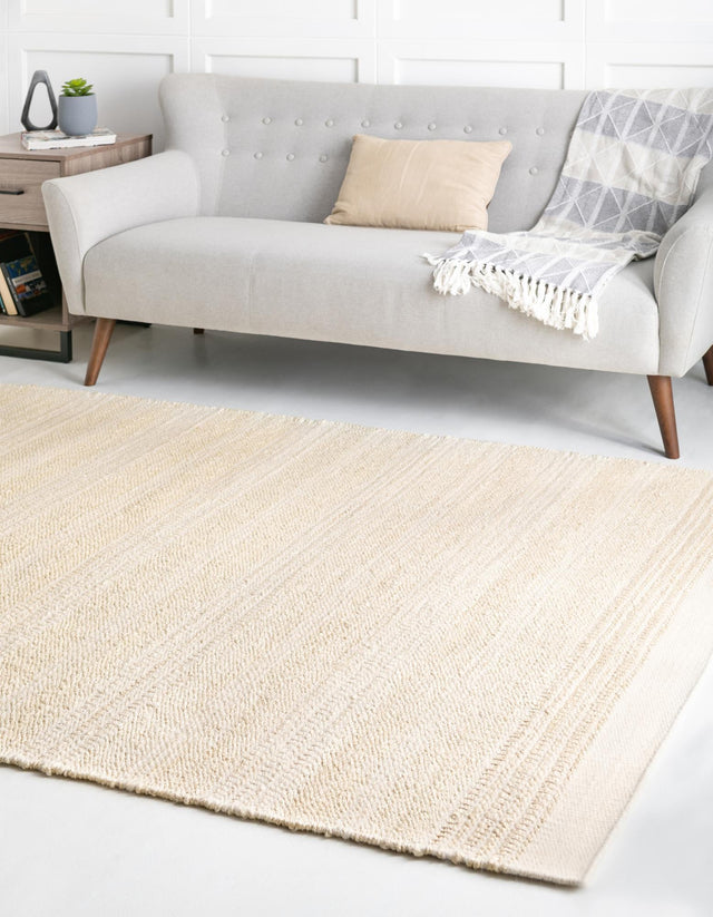 Ivory and White 6' 1 x 9' Lariat Rectangle Area Rug All Natural Jute & Wool With Cotton Backing Premium Carpet for Living Rooms, Dining, Office for Sale at Rug Engine