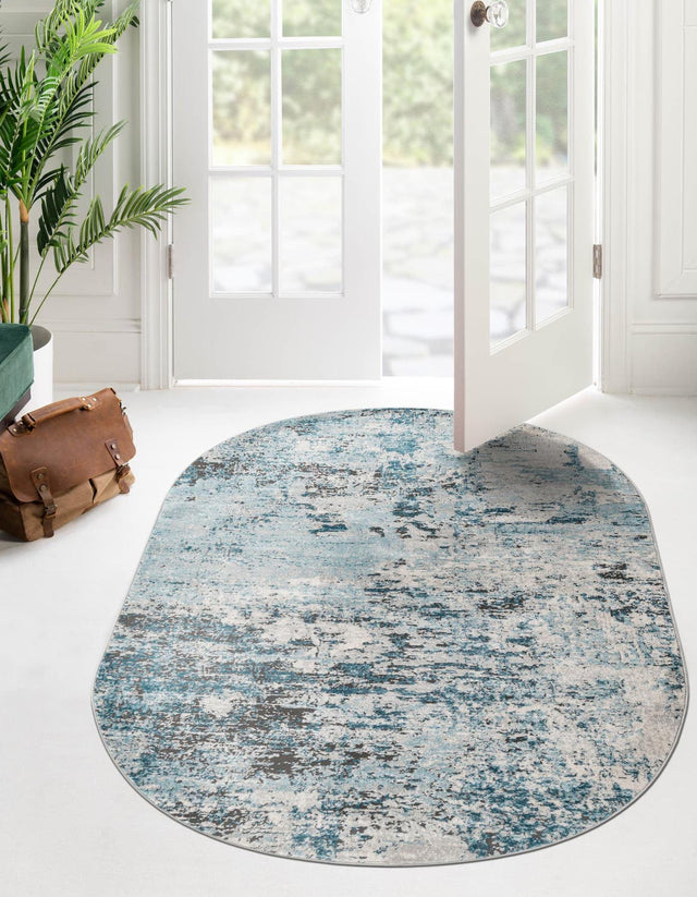Blue 5' 3 x 8' Leipzig Oval Area Rug 75% Polypropylene & 25% Polyester Modern Contemporary Carpet for Kitchens, Bedroom, Living Room Home Decor for Sale at Rug Engine