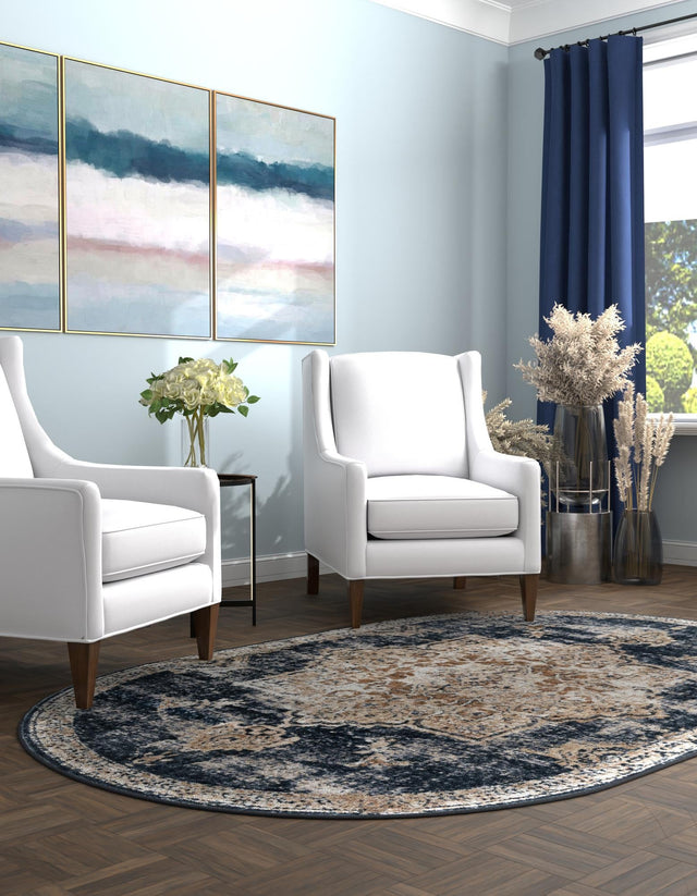 Dark Blue 5' 3 x 8' Chateau Oval Area Rug 85% Polypropylene & 15% Chenille With Cotton Backing Traditional Vintage Distressed Carpet for Classical Interior Design Decorating for Sale at Rug Engine