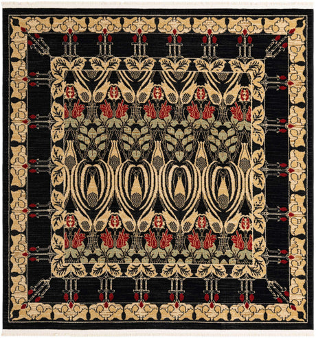 Black 6' 1 x 6' 1 Edinburgh Square Area Rug 100% Polypropylene Easy Clean With Cotton Backing Traditional Classic Design Carpet for Living, Dining Room, Office for Sale at Rug Engine