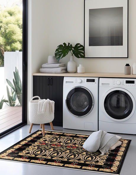 Black 8' x 8' Edinburgh Square Area Rug 100% Polypropylene Easy Clean With Cotton Backing Traditional Classic Design Carpet for Living, Dining Room, Office for Sale at Rug Engine