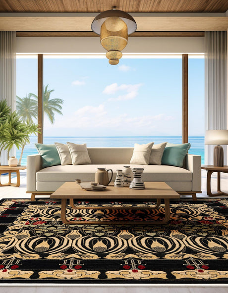 Black 10' x 10' Edinburgh Square Area Rug 100% Polypropylene Easy Clean With Cotton Backing Traditional Classic Design Carpet for Living, Dining Room, Office for Sale at Rug Engine