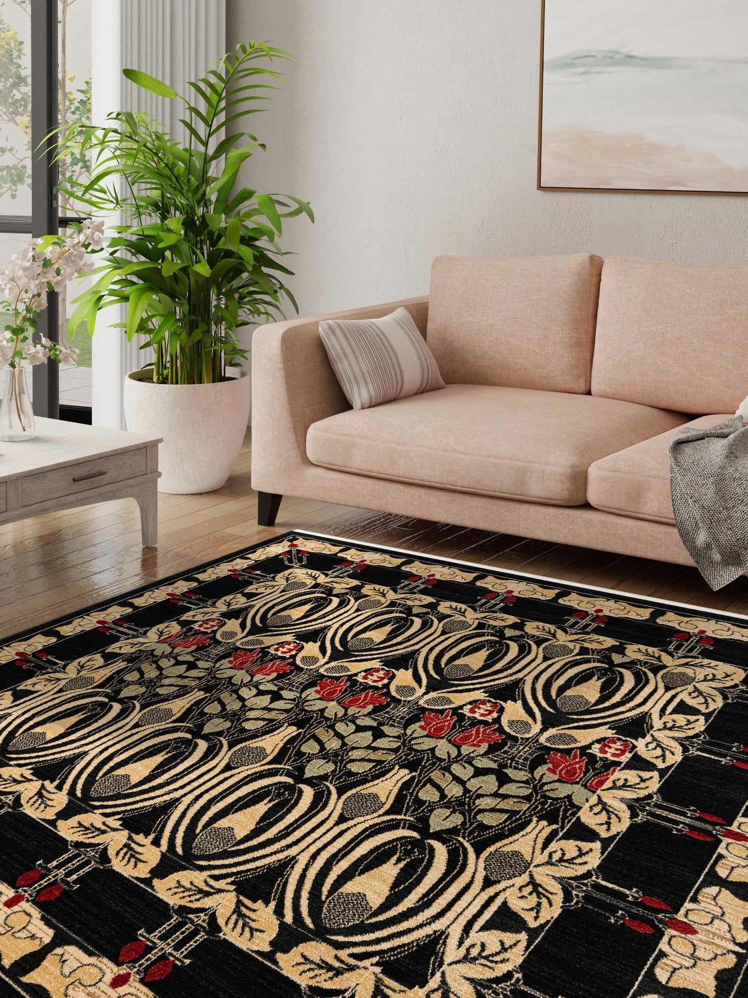 Black 12' x 12' Edinburgh Square Area Rug 100% Polypropylene Easy Clean With Cotton Backing Traditional Classic Design Carpet for Living, Dining Room, Office for Sale at Rug Engine