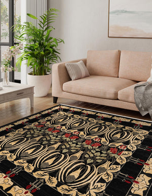 Black 8' x 8' Edinburgh Square Area Rug 100% Polypropylene Easy Clean With Cotton Backing Traditional Classic Design Carpet for Living, Dining Room, Office for Sale at Rug Engine