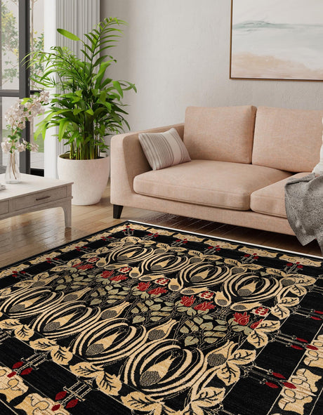 Black 8' x 8' Edinburgh Square Area Rug 100% Polypropylene Easy Clean With Cotton Backing Traditional Classic Design Carpet for Living, Dining Room, Office for Sale at Rug Engine