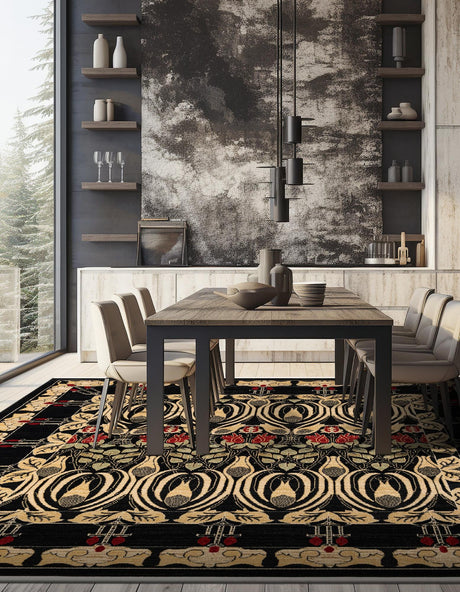 Black 8' x 8' Edinburgh Square Area Rug 100% Polypropylene Easy Clean With Cotton Backing Traditional Classic Design Carpet for Living, Dining Room, Office for Sale at Rug Engine