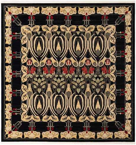 Black 8' x 8' Edinburgh Square Area Rug 100% Polypropylene Easy Clean With Cotton Backing Traditional Classic Design Carpet for Living, Dining Room, Office for Sale at Rug Engine