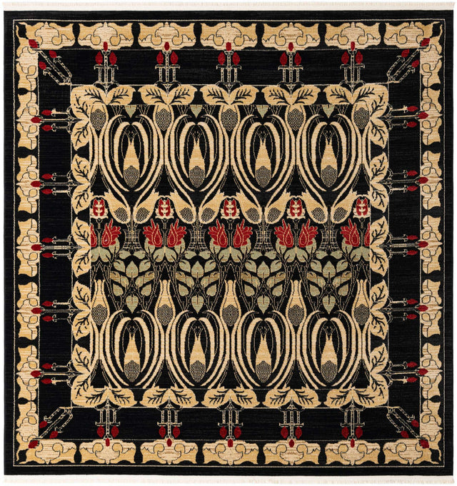 Black 8' x 8' Edinburgh Square Area Rug 100% Polypropylene Easy Clean With Cotton Backing Traditional Classic Design Carpet for Living, Dining Room, Office for Sale at Rug Engine