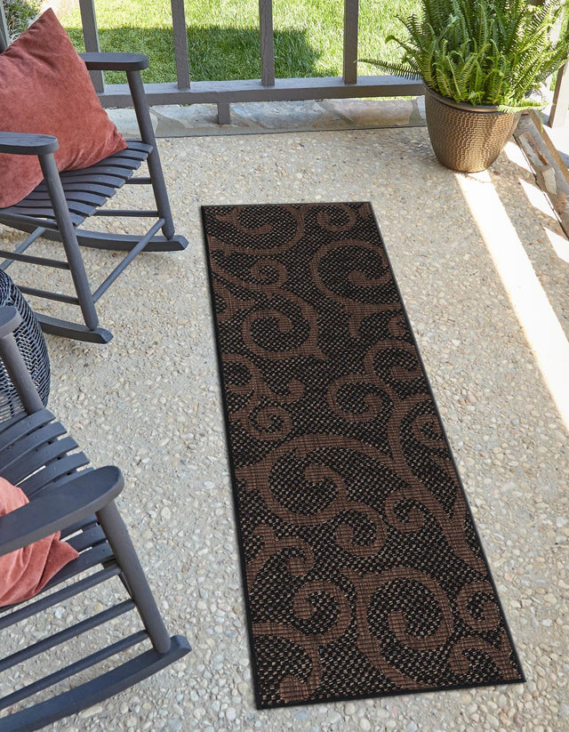 Chocolate Brown 2' x 6' 1 Outdoor Botanical Runner Area Rug Weather Resistant for Patio, Deck, Terrace, Balcony, Porch Polypropylene Garden Floral Tropical Carpet for Sale at Rug Engine