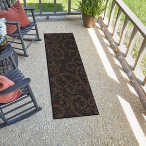 Chocolate Brown 2' x 6' 1 Outdoor Botanical Runner Area Rug Weather Resistant for Patio, Deck, Terrace, Balcony, Porch Polypropylene Garden Floral Tropical Carpet for Sale at Rug Engine