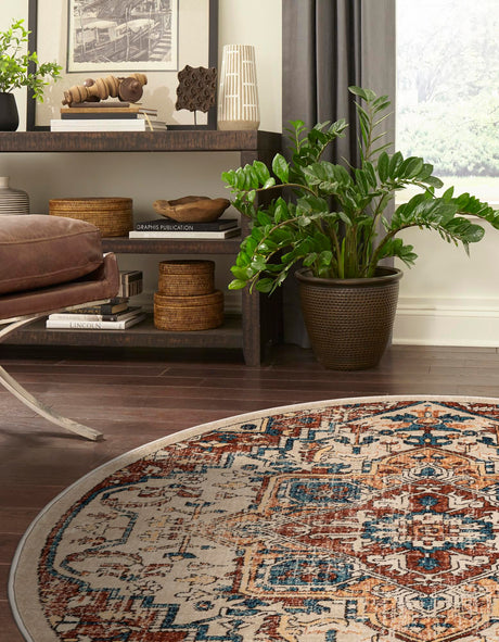 Beige 5' 3 x 5' 3 Oslo Round Area Rug 100% Polypropylene Traditional Classic Vintage Distressed Carpet for Indoor Home Decor for Sale at Rug Engine