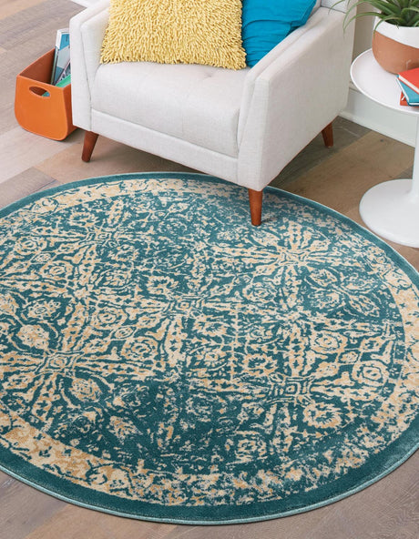 Teal 5' 3 x 5' 3 Oslo Round Area Rug 100% Polypropylene Traditional Classic Vintage Distressed Carpet for Indoor Home Decor for Sale at Rug Engine