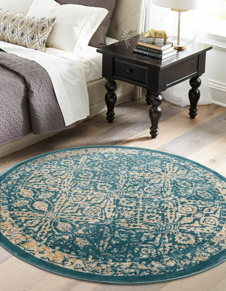 Teal 5' 3 x 5' 3 Oslo Round Area Rug 100% Polypropylene Traditional Classic Vintage Distressed Carpet for Indoor Home Decor for Sale at Rug Engine