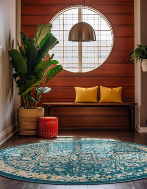 Teal 5' 3 x 5' 3 Oslo Round Area Rug 100% Polypropylene Traditional Classic Vintage Distressed Carpet for Indoor Home Decor for Sale at Rug Engine