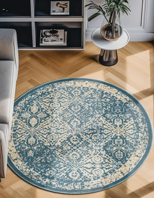 Teal 5' 3 x 5' 3 Oslo Round Area Rug 100% Polypropylene Traditional Classic Vintage Distressed Carpet for Indoor Home Decor for Sale at Rug Engine