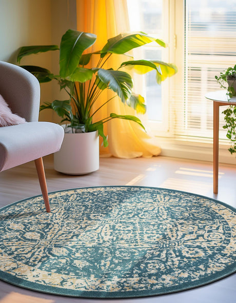 Teal 5' 3 x 5' 3 Oslo Round Area Rug 100% Polypropylene Traditional Classic Vintage Distressed Carpet for Indoor Home Decor for Sale at Rug Engine
